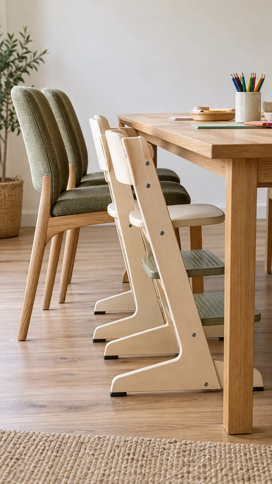 Shared craft table with adult and adjustable child chairs