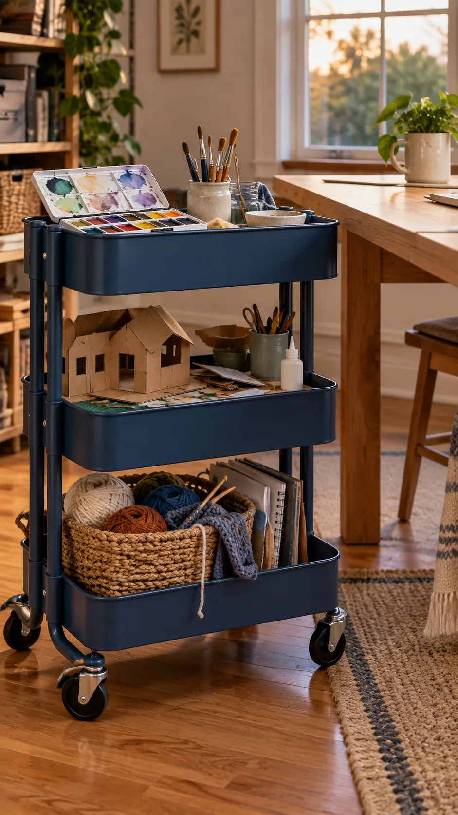 Rolling project cart beside a family craft table