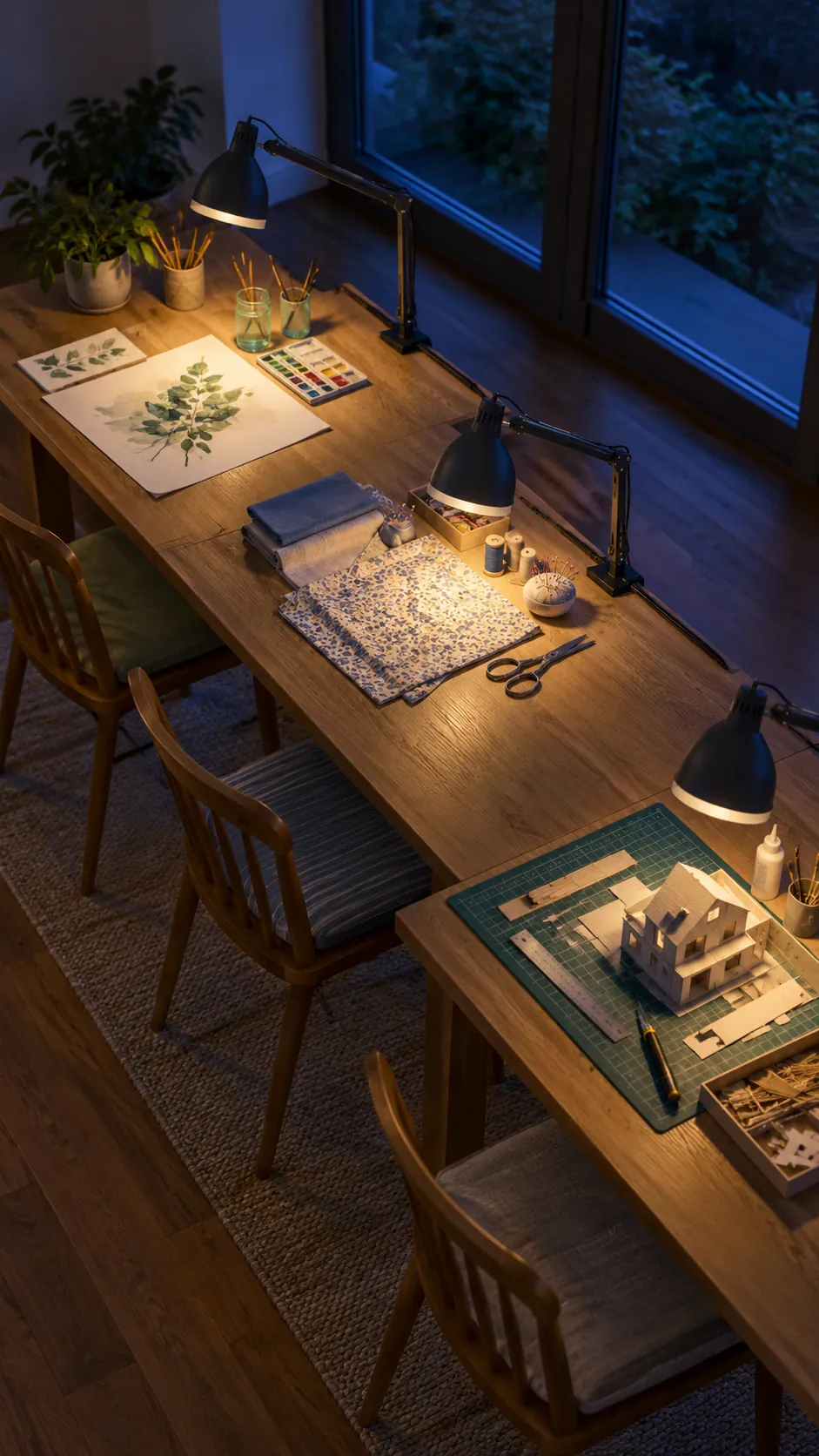 Individual task lights over a shared family craft table