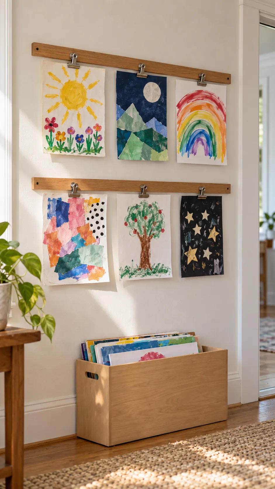 Rotating clip rail display for family artwork