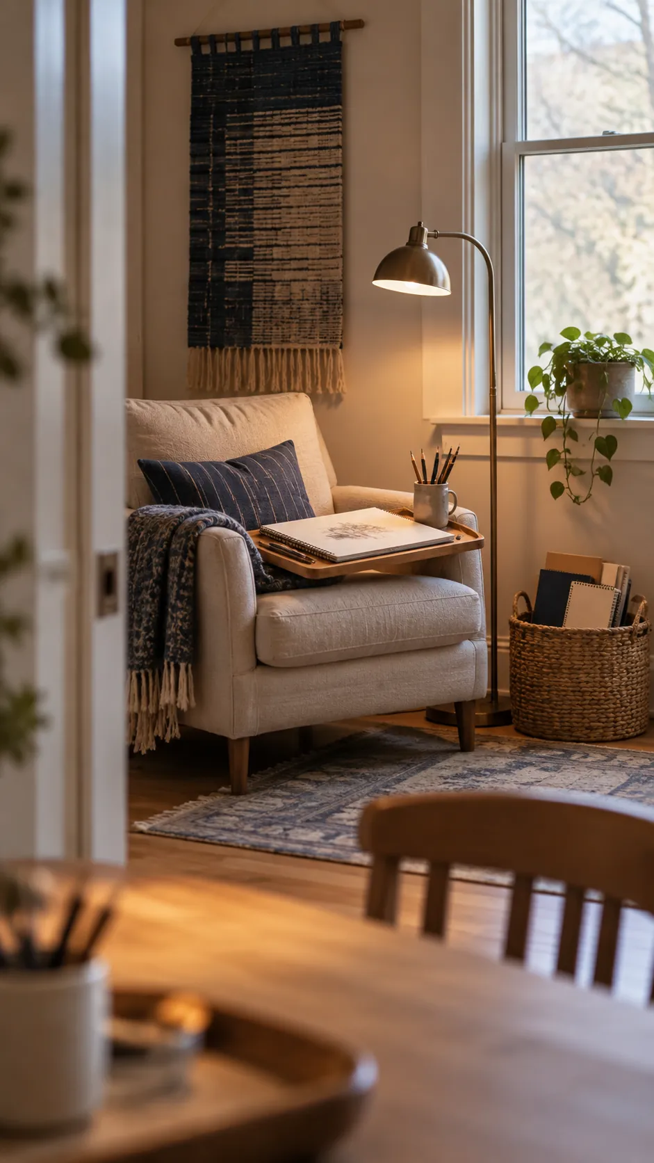 Quiet creative corner with chair and sketch supplies