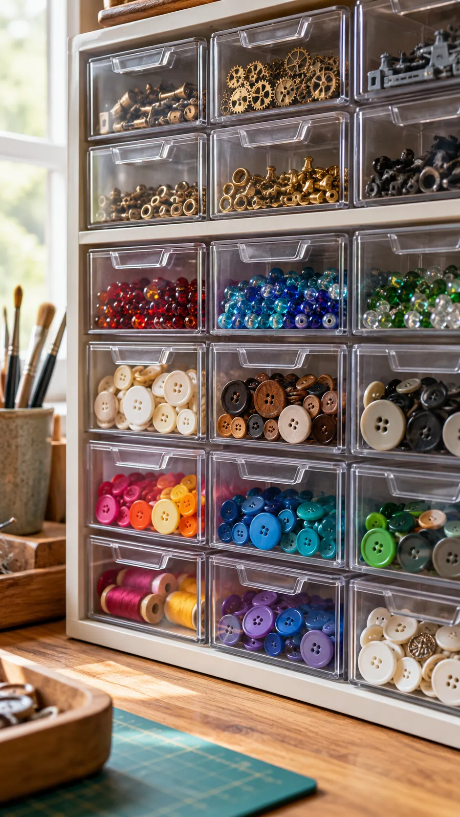Clear shallow drawers organizing small craft parts