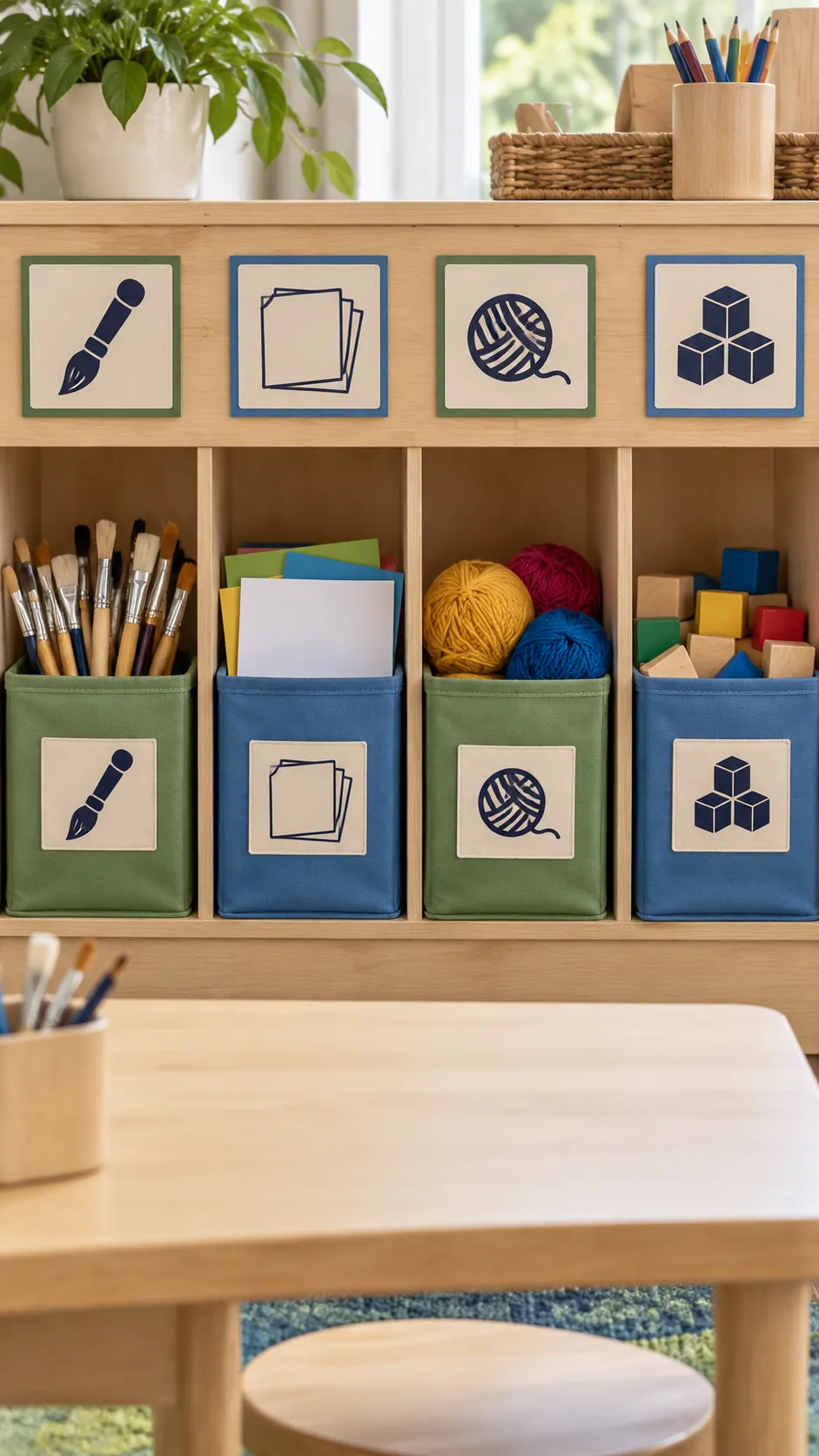 Craft storage with picture labels for child led cleanup