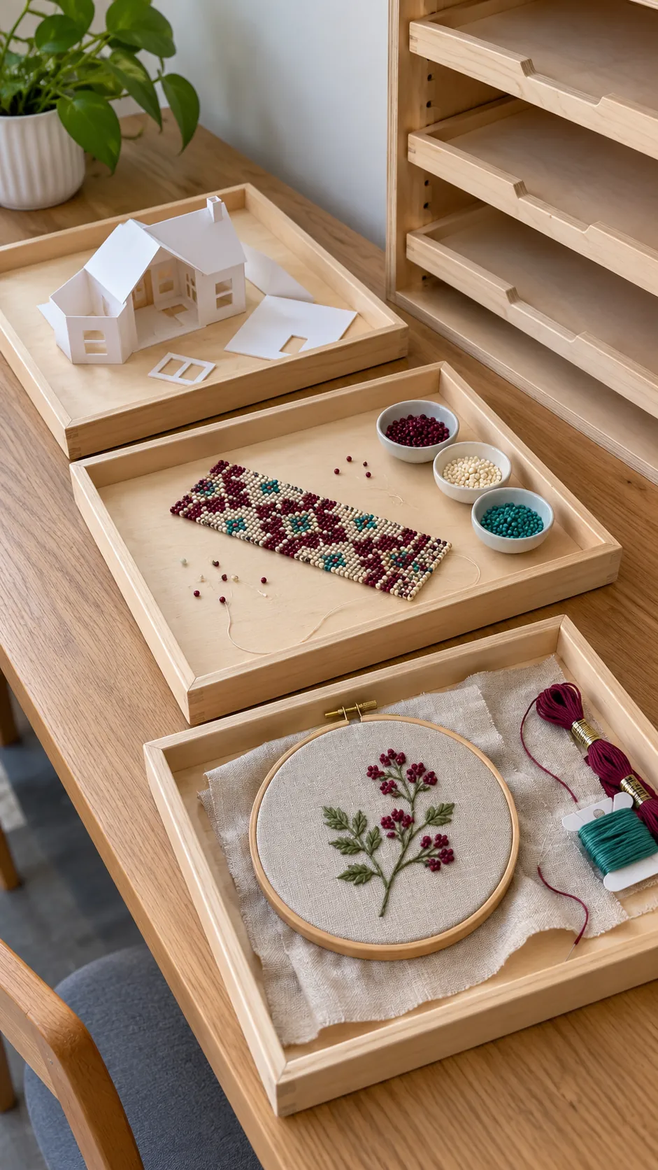 Rimmed trays holding separate family craft projects