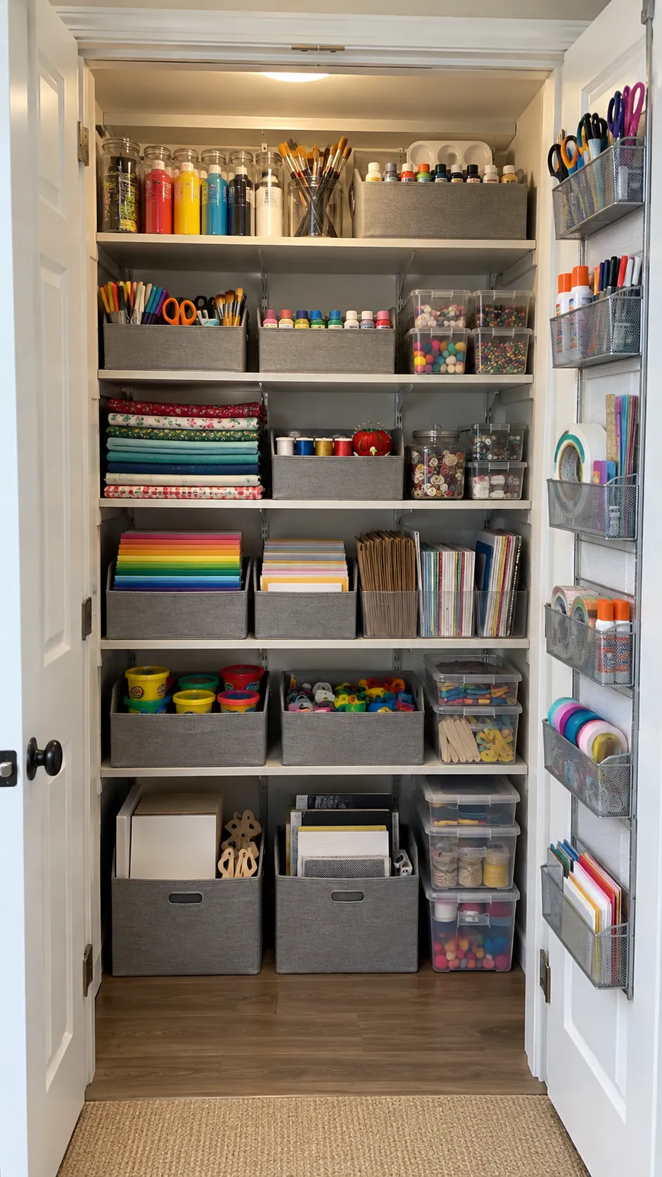 Organized craft supply closet grouped by activity