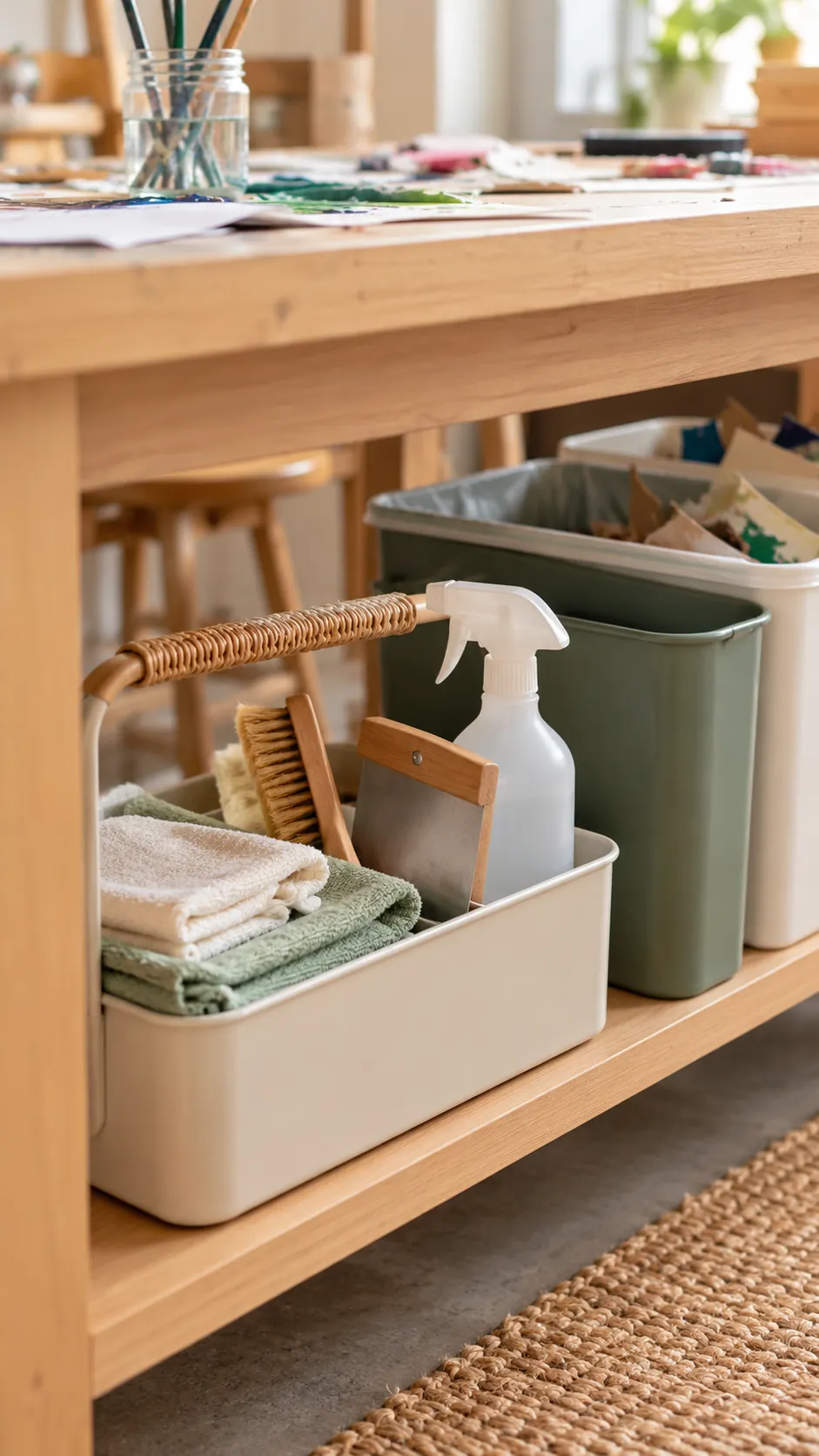 Cleanup caddy beside a shared family craft table