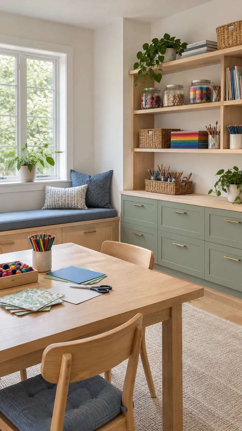 Pale wood and soft green shared family craft room