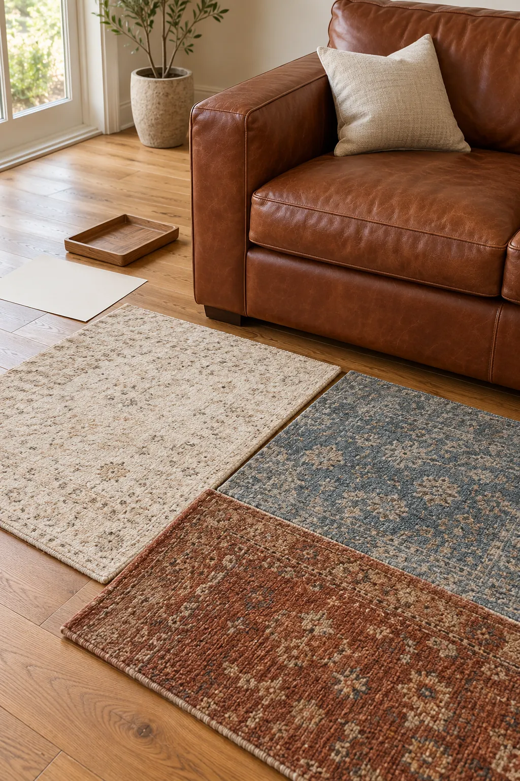 Rug color samples tested beside a brown leather sofa and honey oak floors