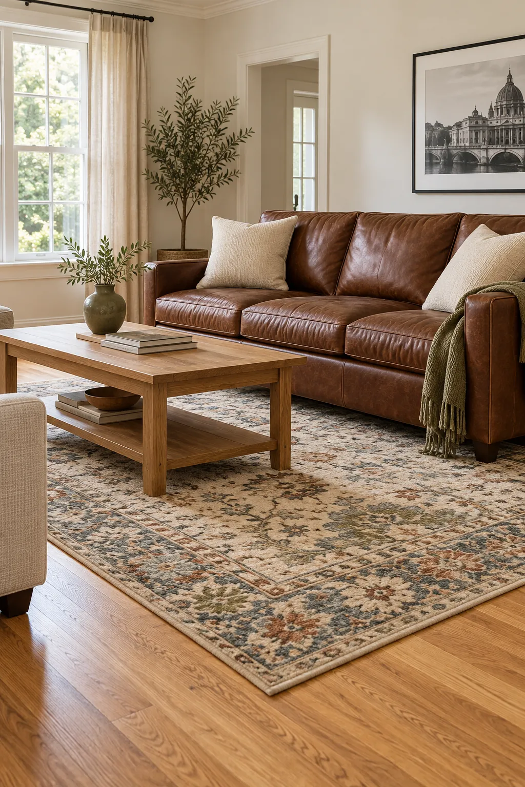 Brown leather sofa and oak floors balanced by a cream, blue, olive, and rust area rug