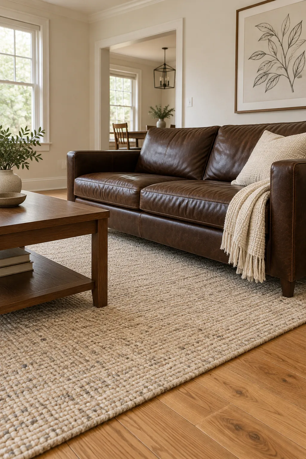 Cream oatmeal rug with a brown leather sofa on oak flooring