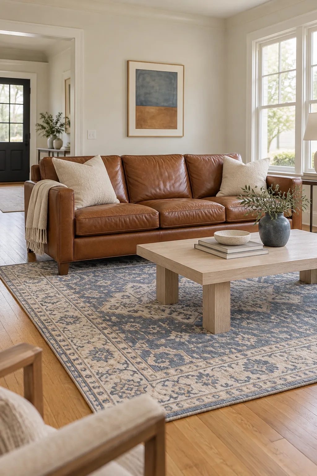 Muted blue and cream rug with cognac leather sofa and golden oak floor