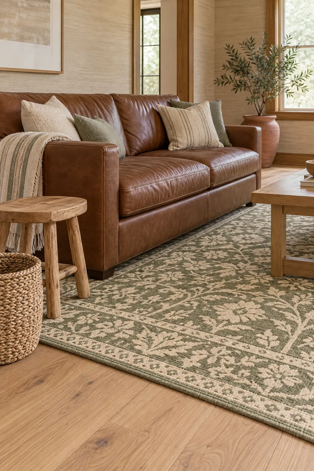 Sage and cream rug under a brown leather sofa on pale oak floors