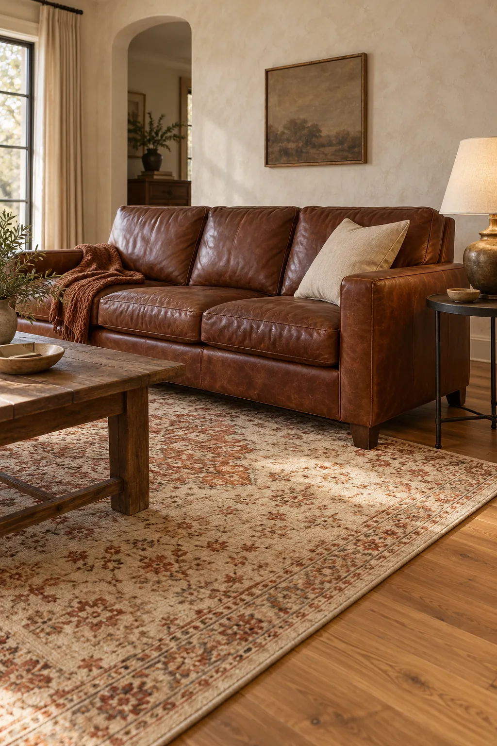 Cream and terracotta rug bridging a red brown leather sofa and honey oak floor