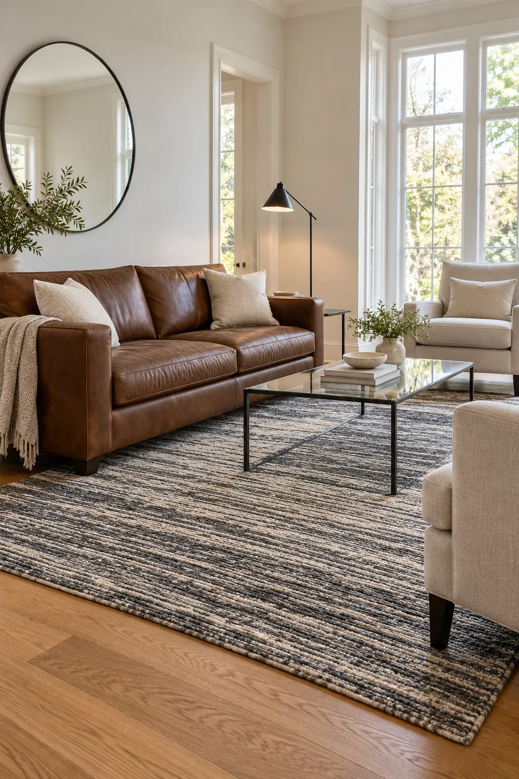 Soft charcoal and cream rug with brown leather sofa and oak floors in a bright room