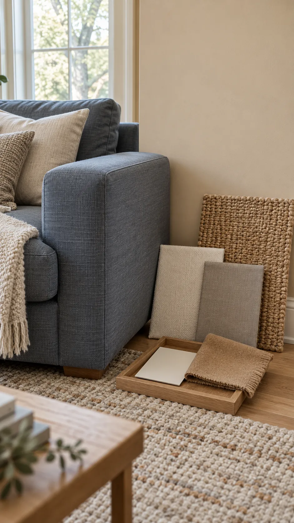 Undertone samples tested beside a gray sofa and warm beige wall