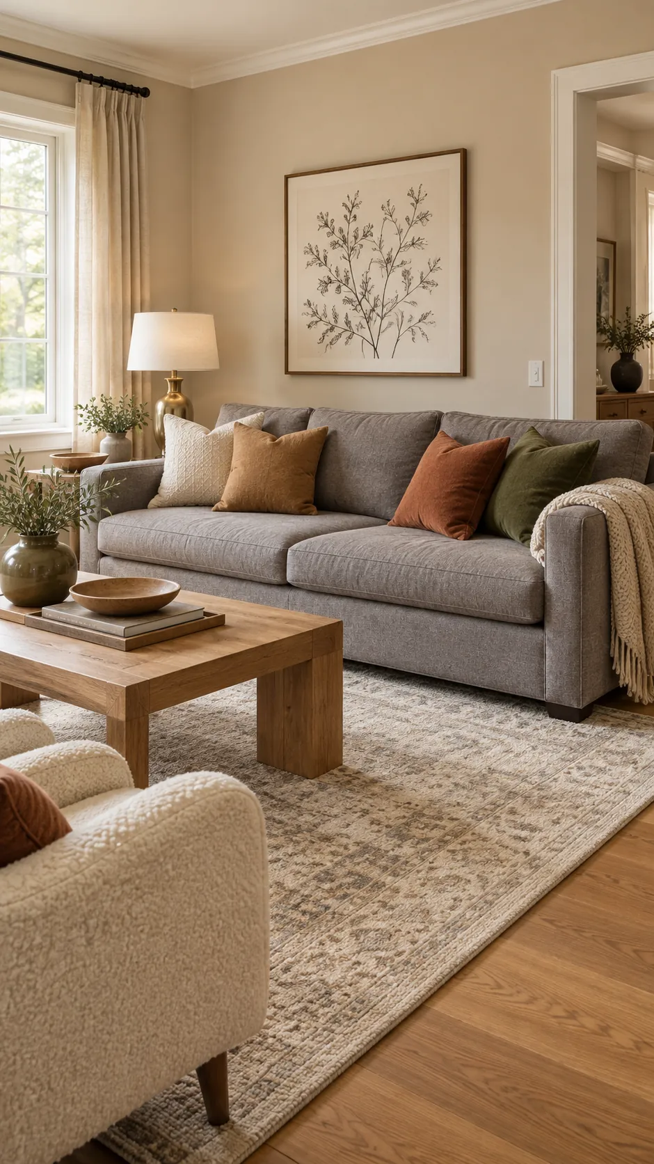 Gray sofa styled with warm neutral accents against beige walls