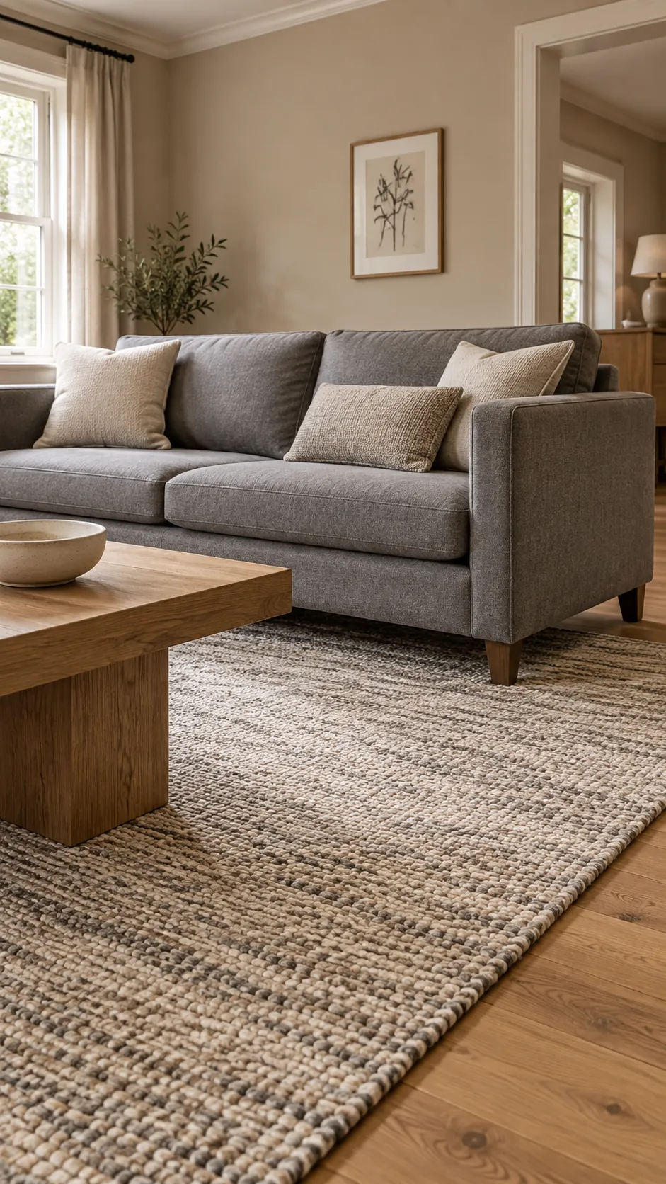 Greige rug bridging a gray sofa and warm beige walls