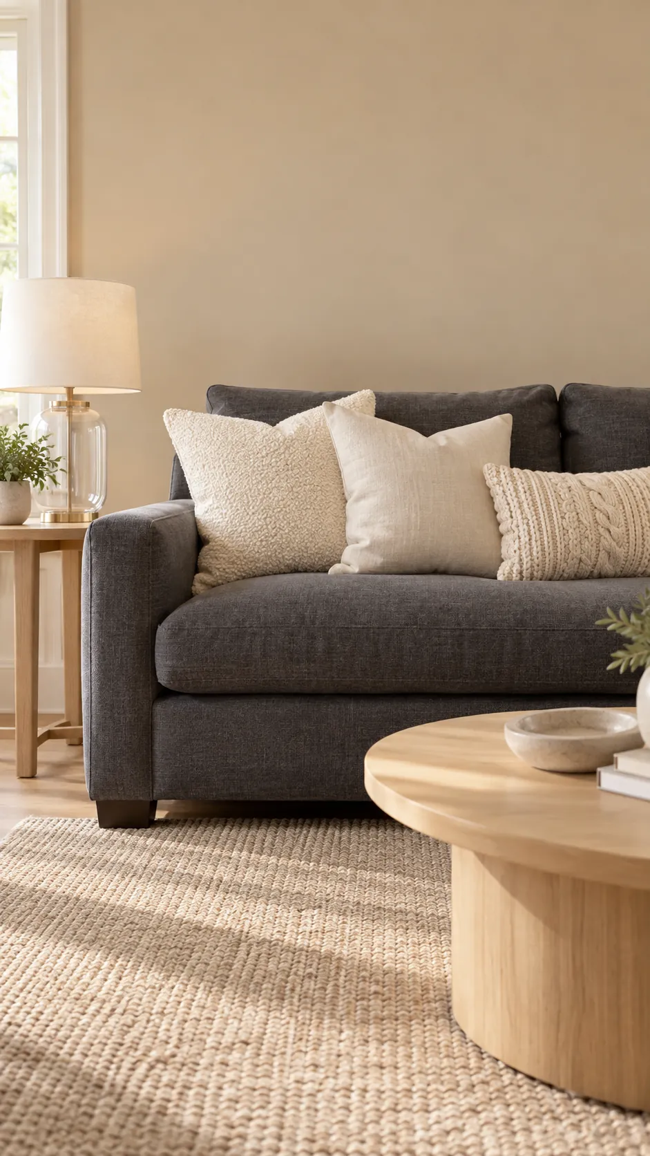 Warm white textured pillows on a gray sofa against beige walls