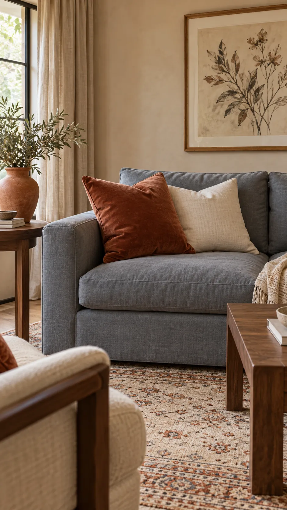 Muted rust accents on a cool gray sofa with beige walls
