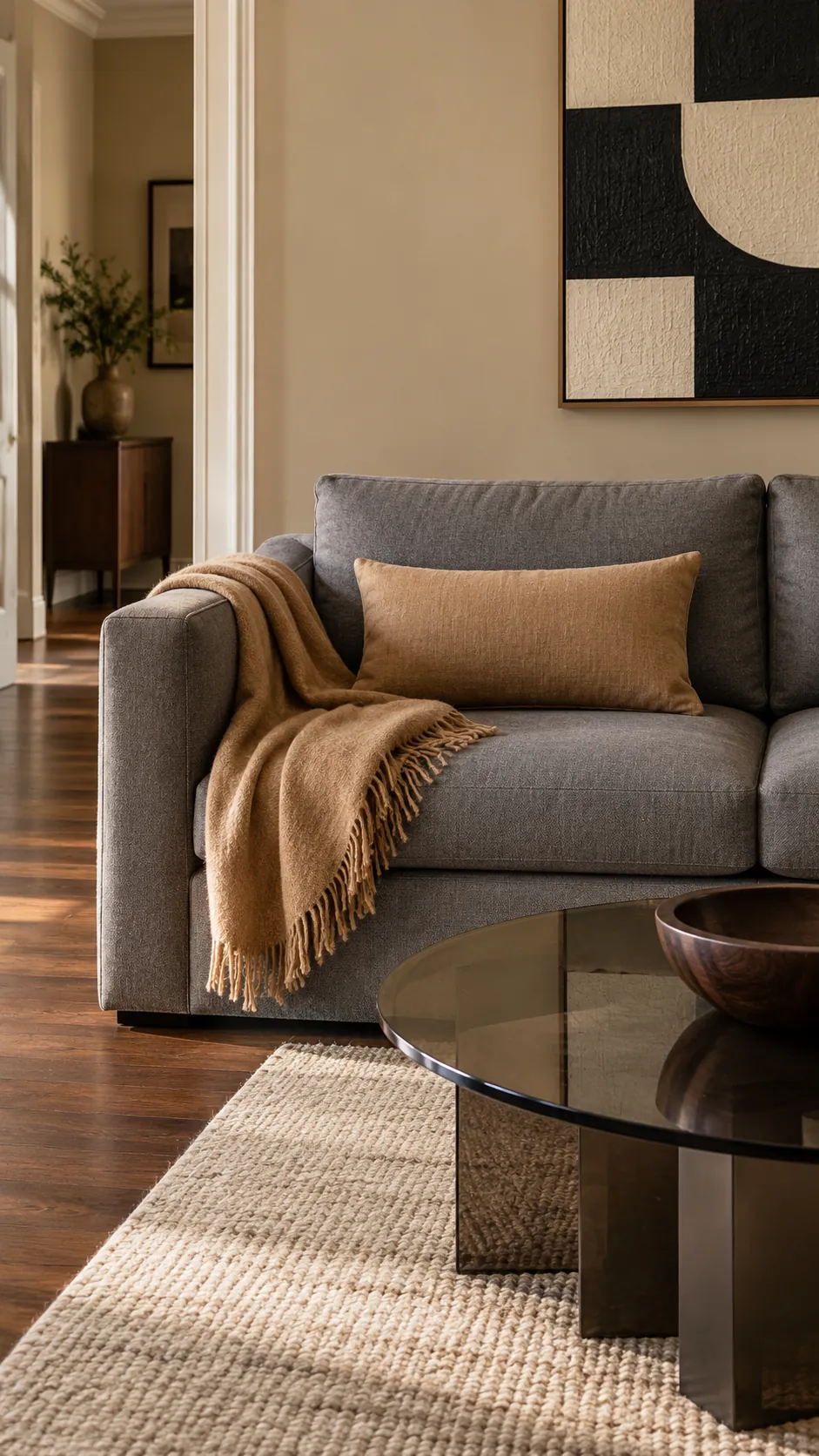 Camel pillow and throw warming a gray sofa near beige walls