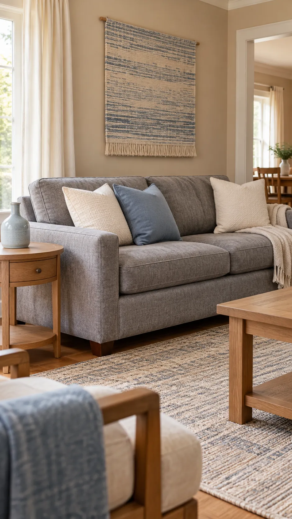 Dusty blue and cream accents with gray sofa and beige walls