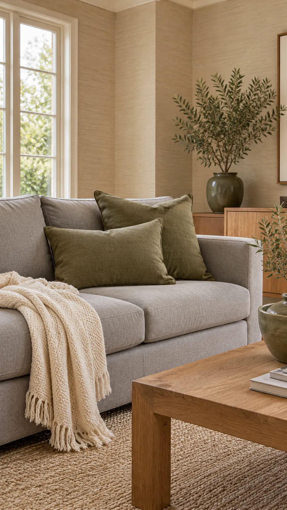 Olive pillows connecting a pale gray sofa with warm beige walls