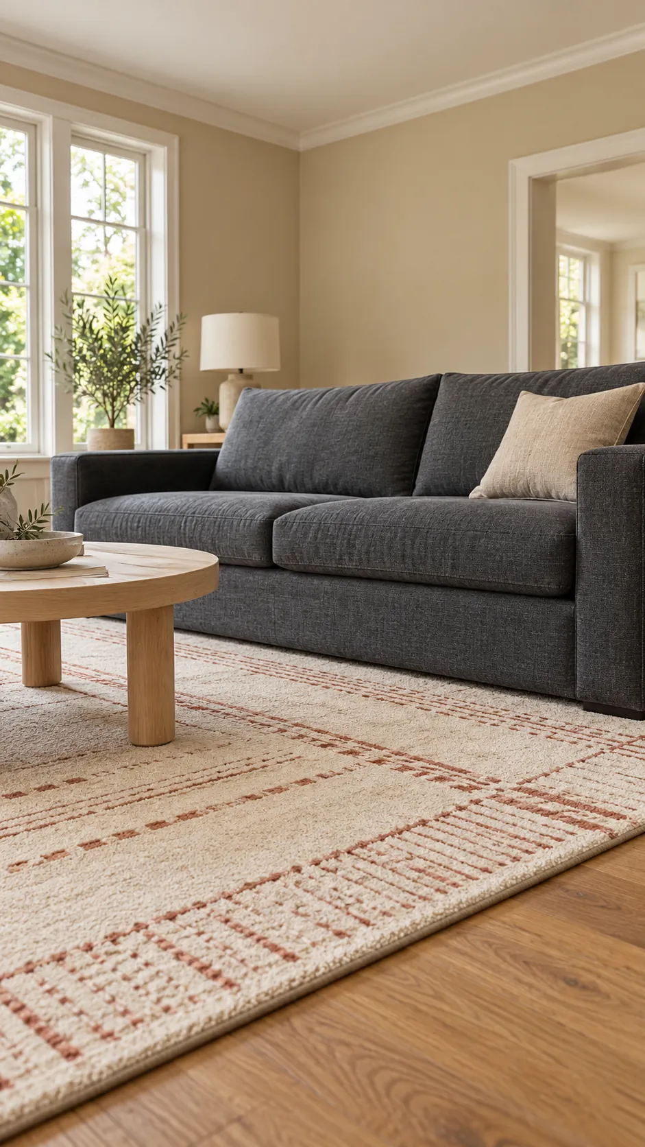 Cream and terracotta rug with dark gray sofa and beige walls