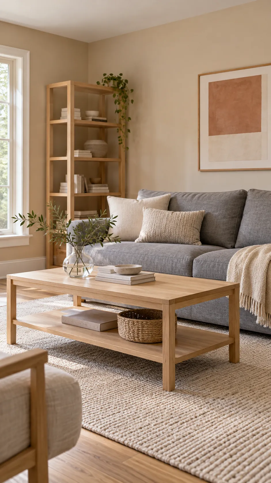 Pale oak furniture between a gray sofa and warm beige walls