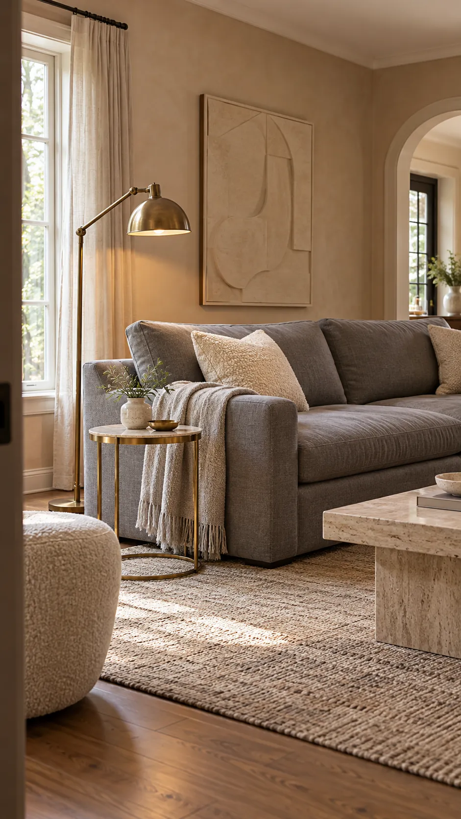 Aged brass lighting warming a cool gray sofa and beige walls