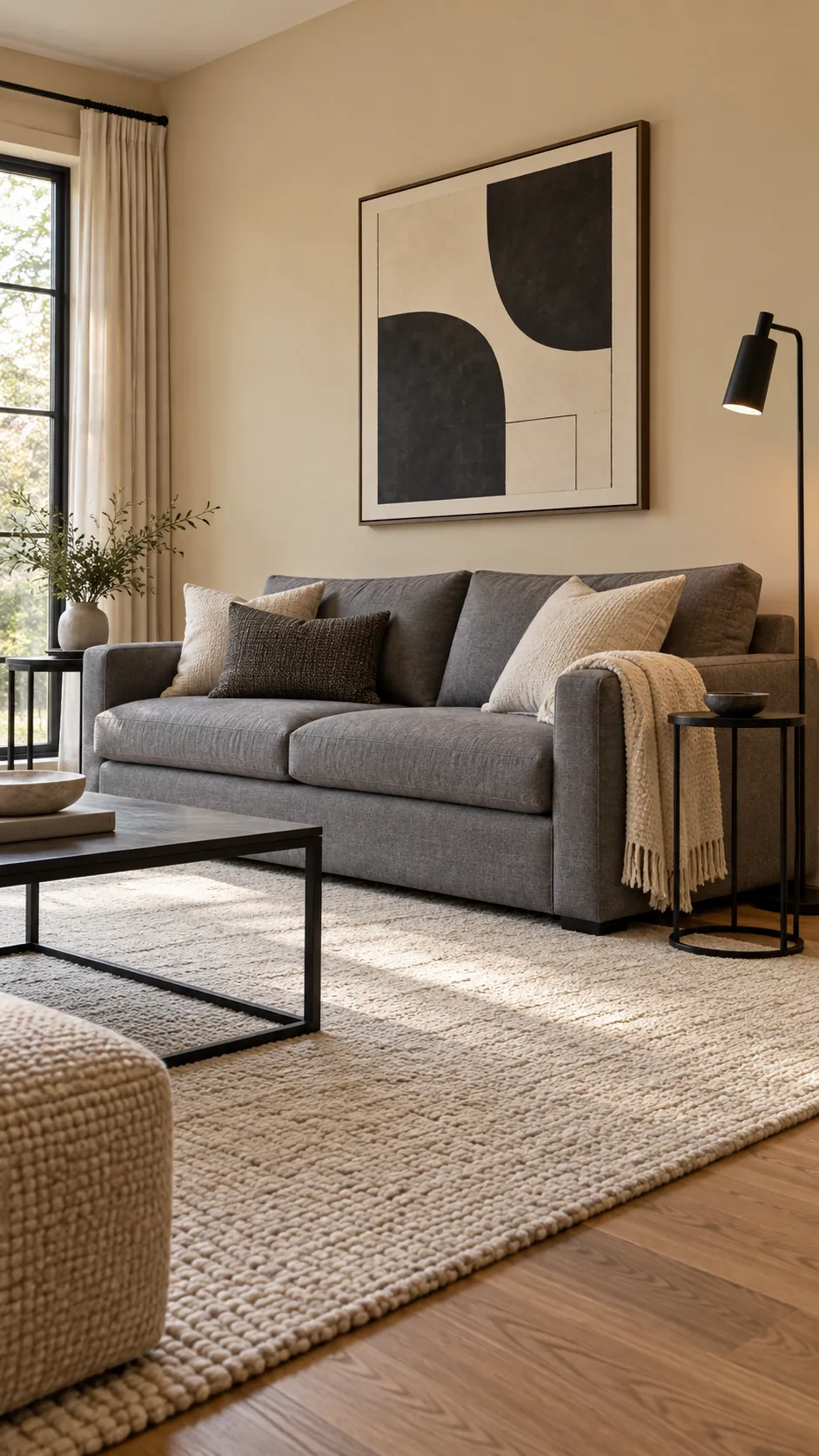 Thin black accents defining a gray sofa against beige walls