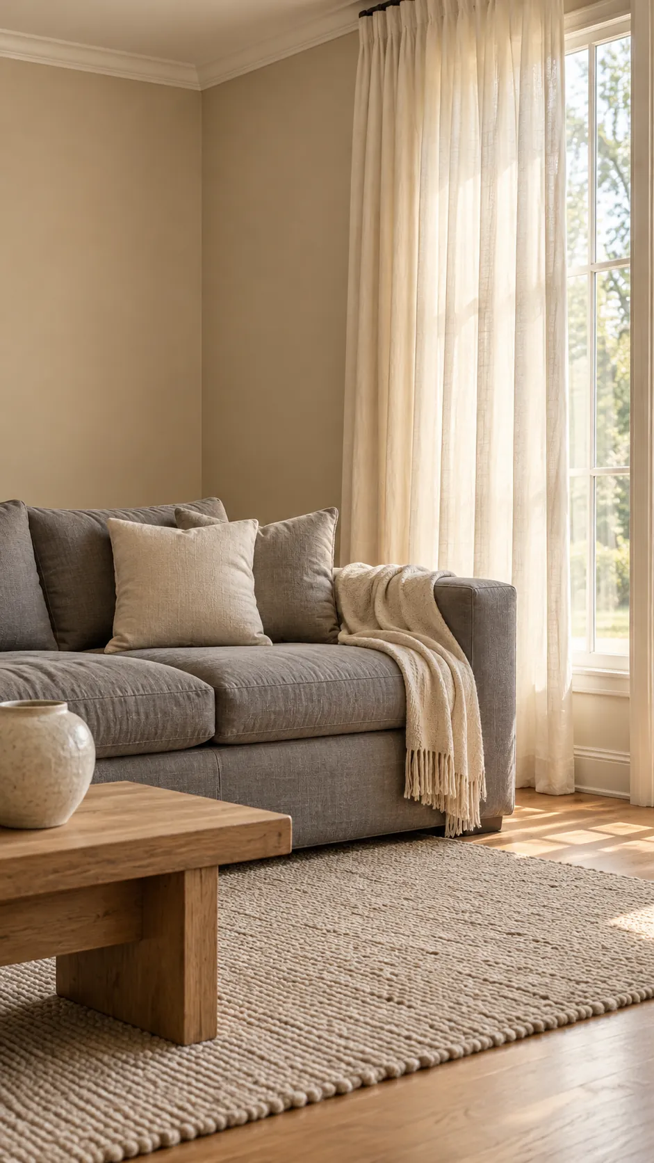 Cream linen curtains softening a gray sofa and warm beige walls