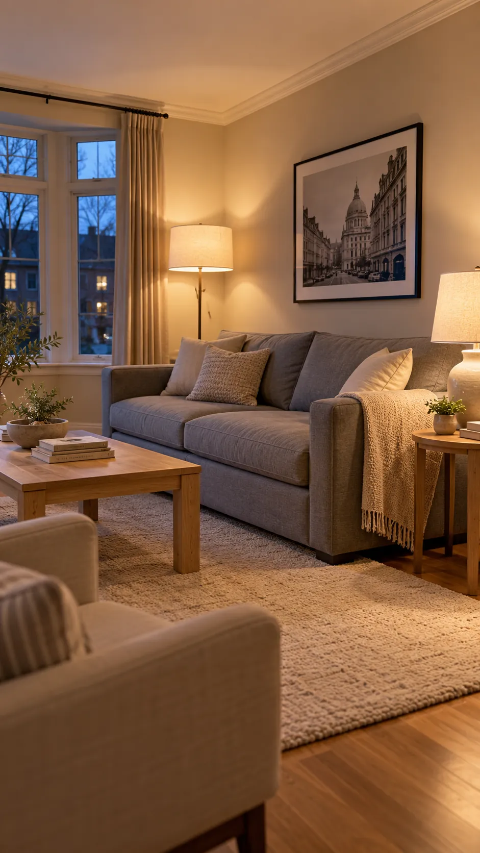 Warm neutral lamps balancing a gray sofa and beige walls at night