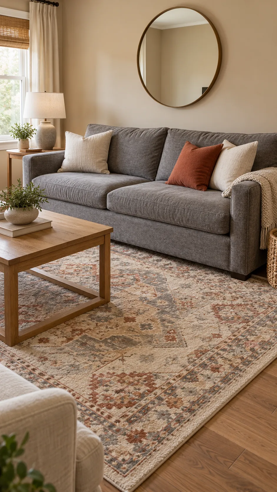Patterned rug containing gray beige cream and rust with gray sofa