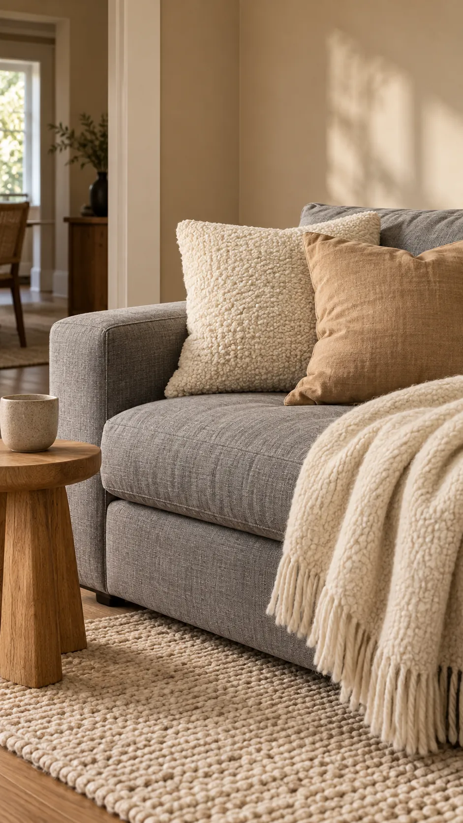 Boucle linen and wool textures on a gray sofa near beige walls