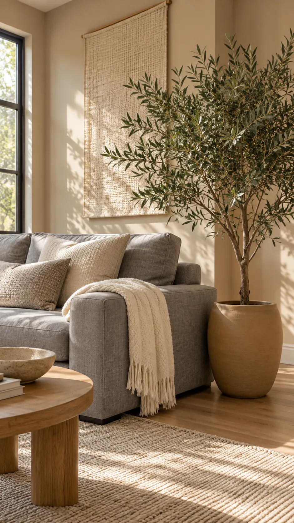 Green plant in camel pot beside gray sofa and beige walls