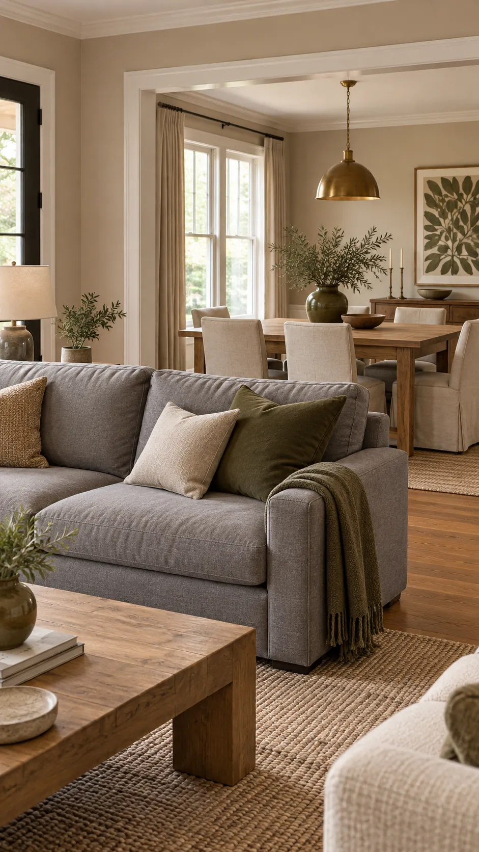 Gray beige camel and olive palette repeated through an open plan room