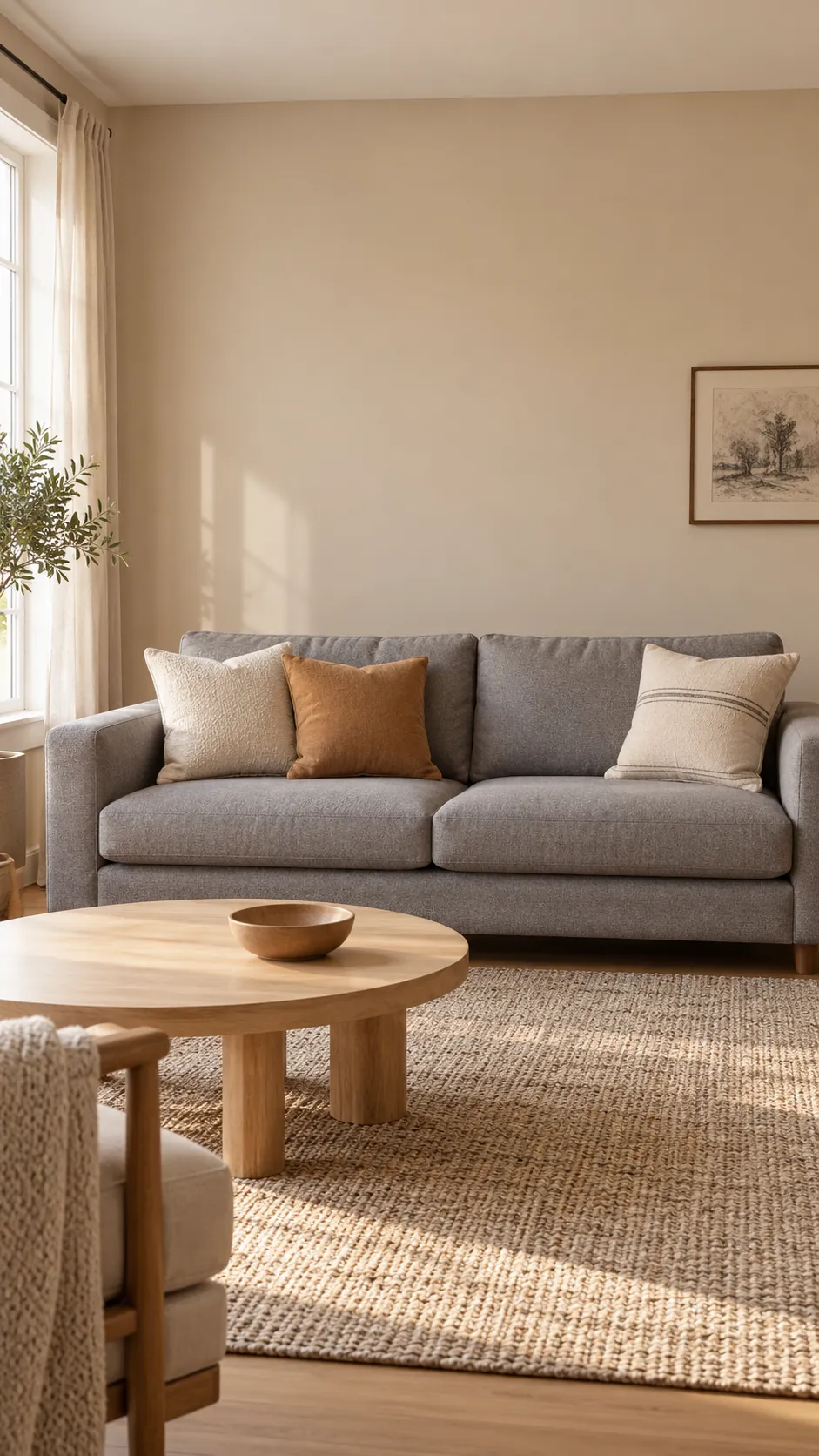 Uncluttered gray sofa and beige wall with restrained warm accents
