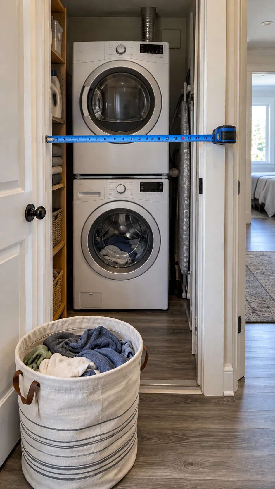 Measuring the narrow opening of a stacked laundry closet