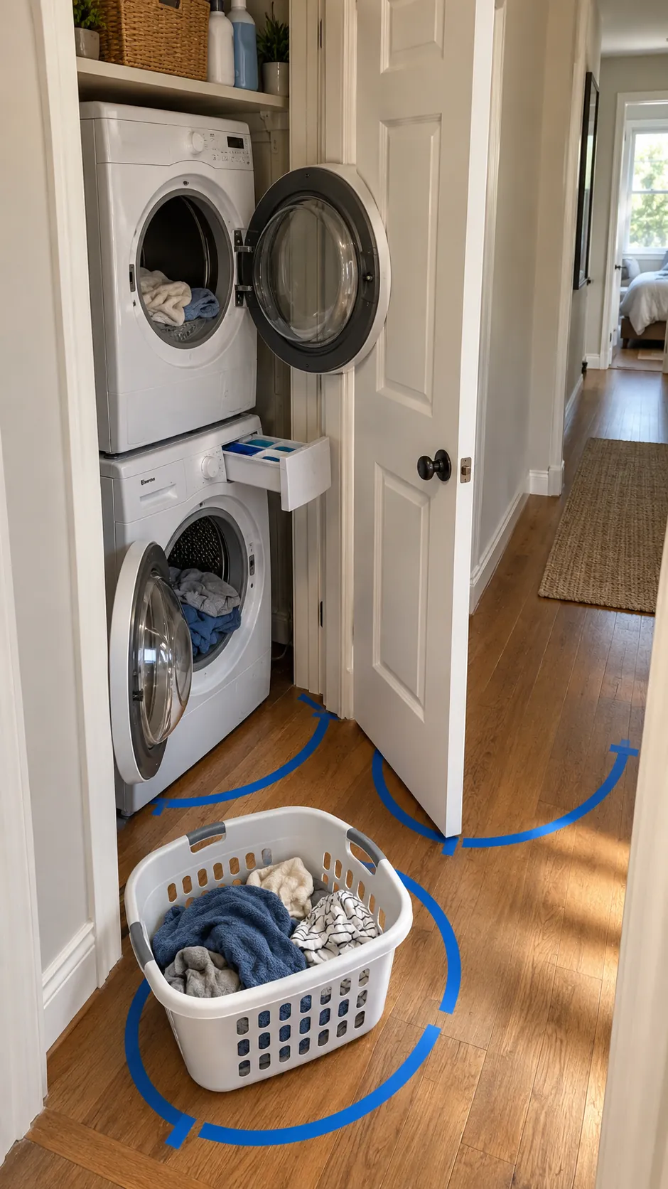 Mapped door swing clearance in front of a stacked washer and dryer
