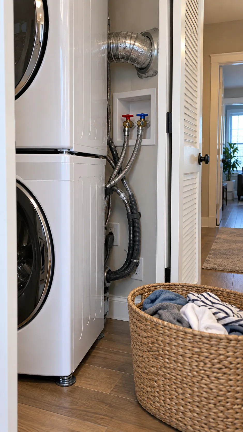 Correct hose and vent clearance behind a stacked laundry unit