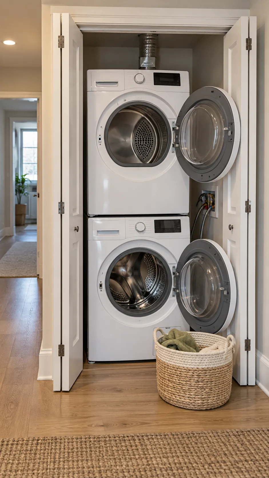 Stacked laundry closet with bifold and appliance doors opening without collision