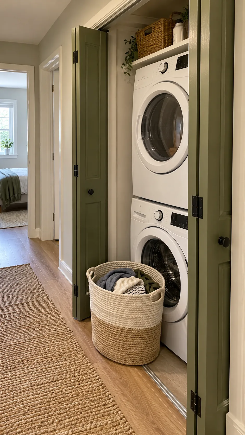 Bifold doors opening fully clear of stacked laundry appliances