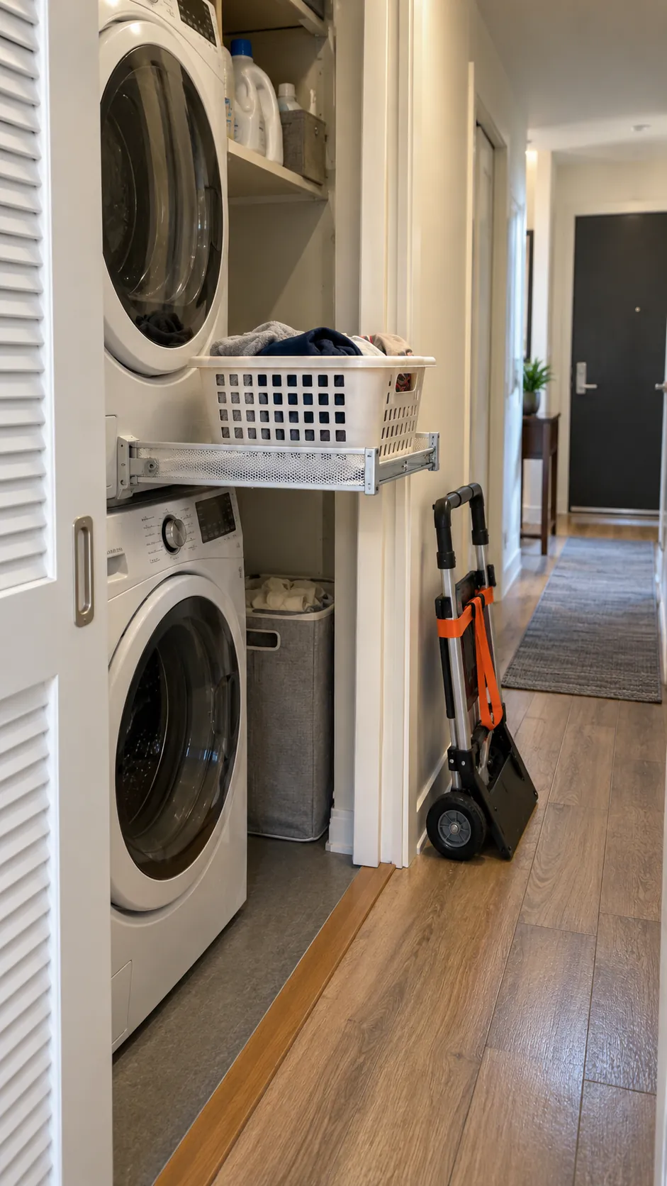 Clear service and removal path for a stacked laundry unit