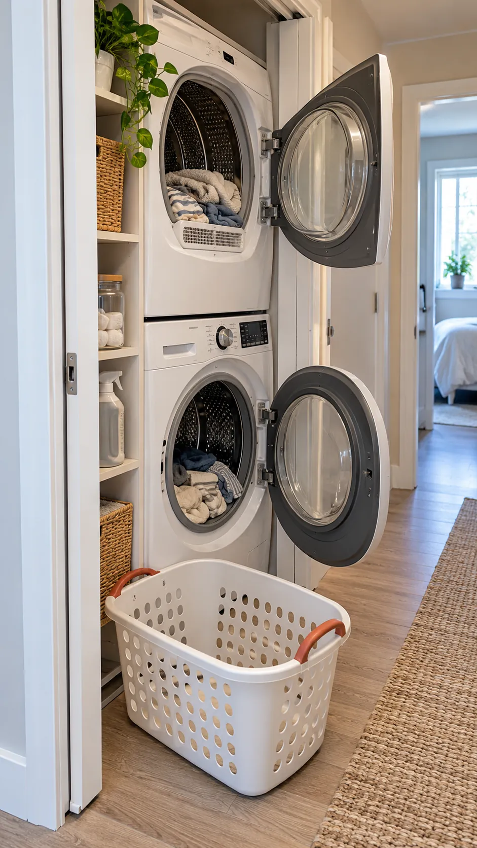 Open stacked laundry closet arranged for an unobstructed loading routine