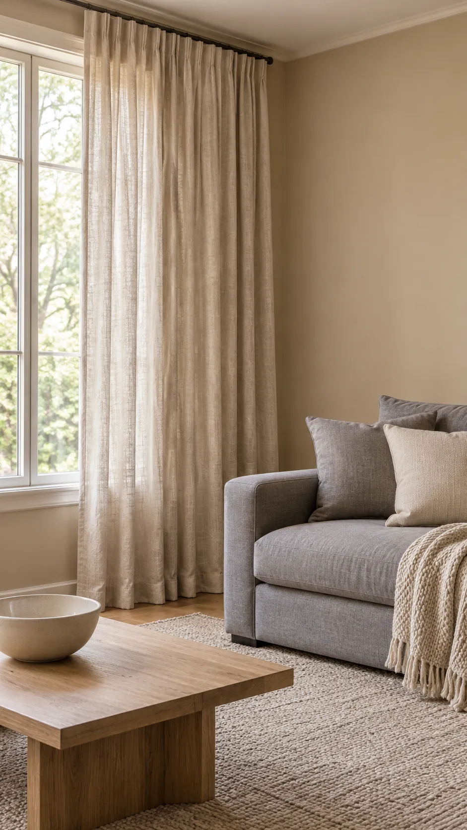 Flax curtains bridging a cool gray sofa and warm beige wall