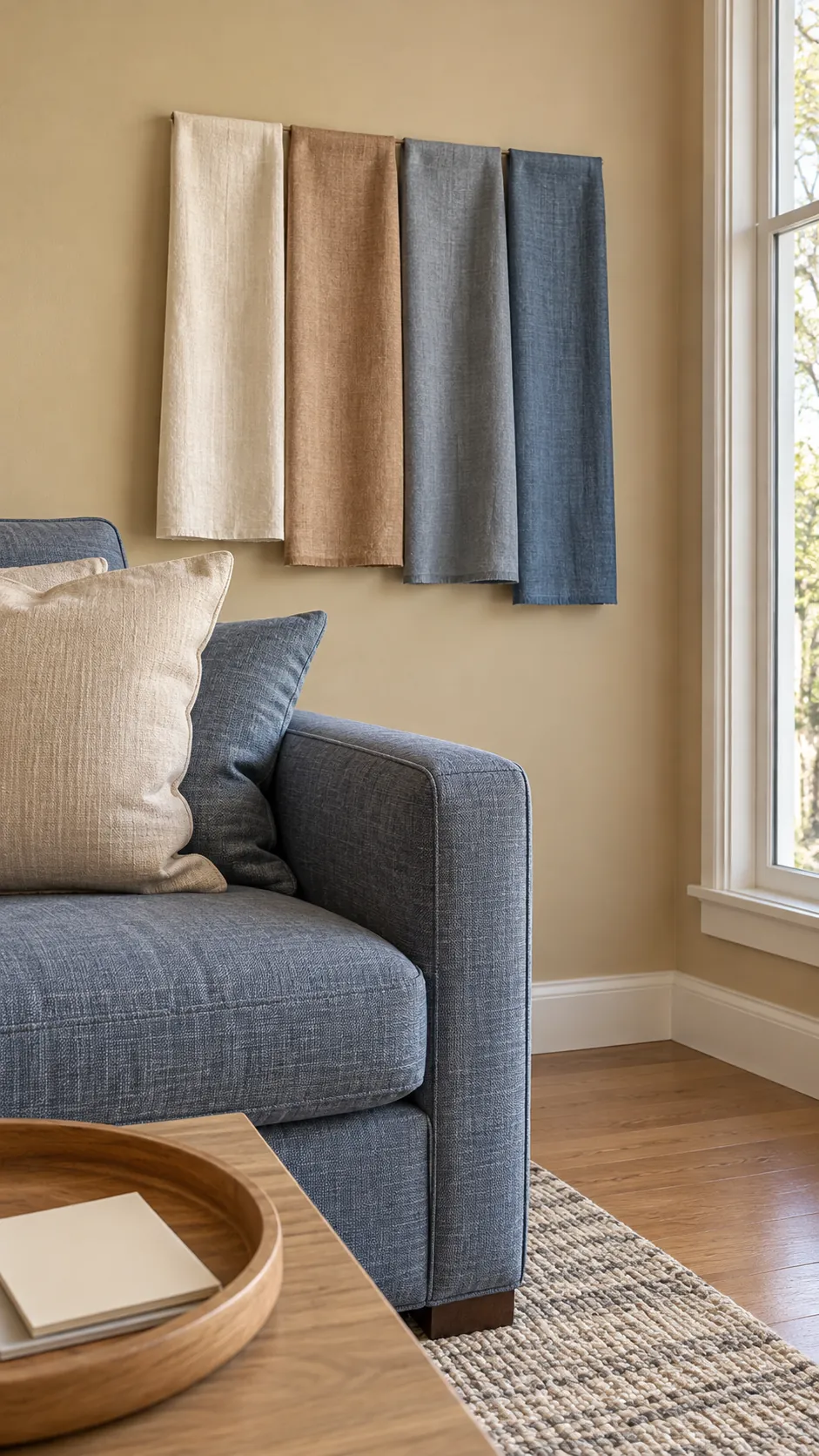 Curtain swatches tested beside a clashing sofa and wall color