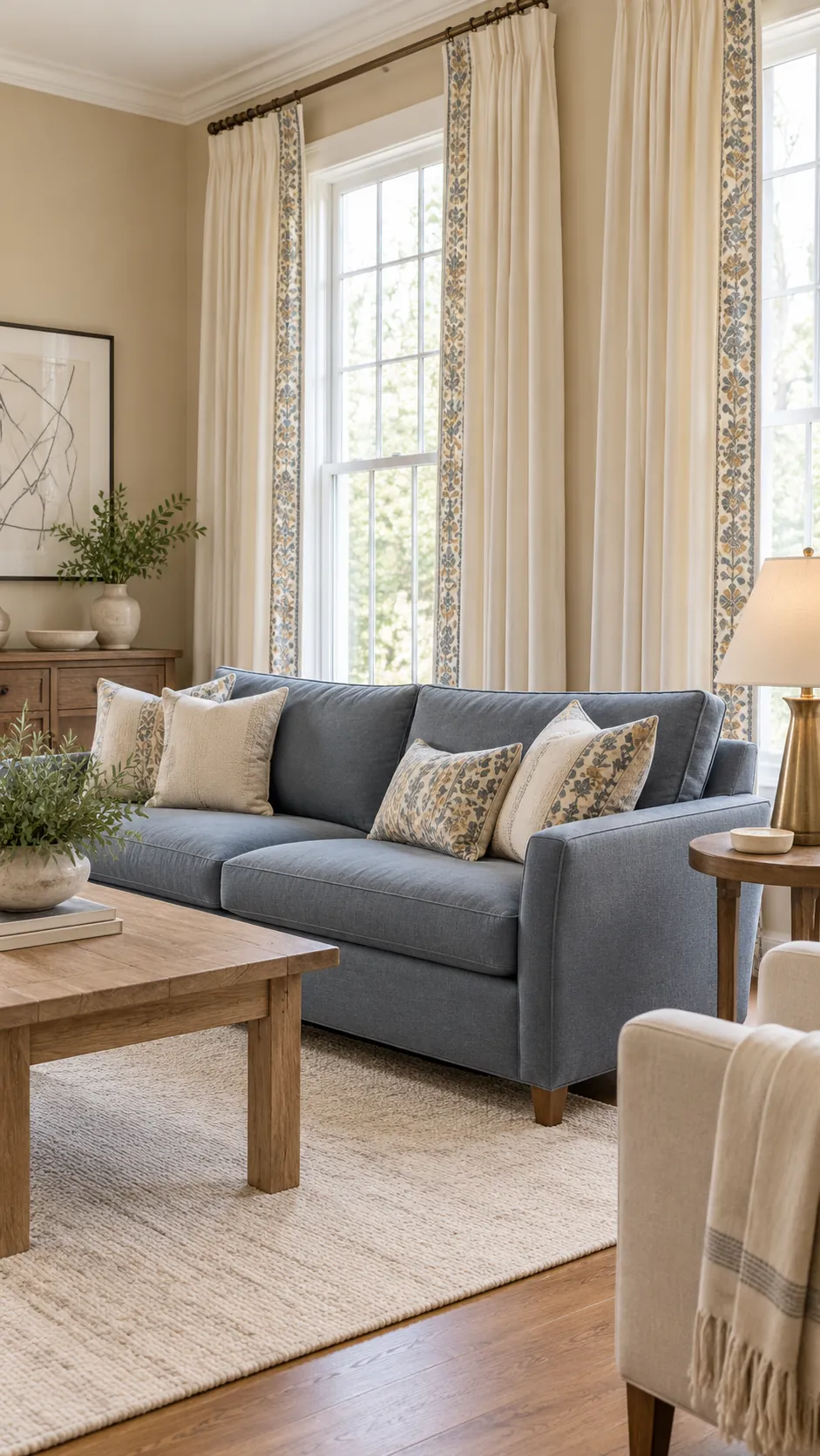 Cream curtains connecting a cool sofa with warm beige walls