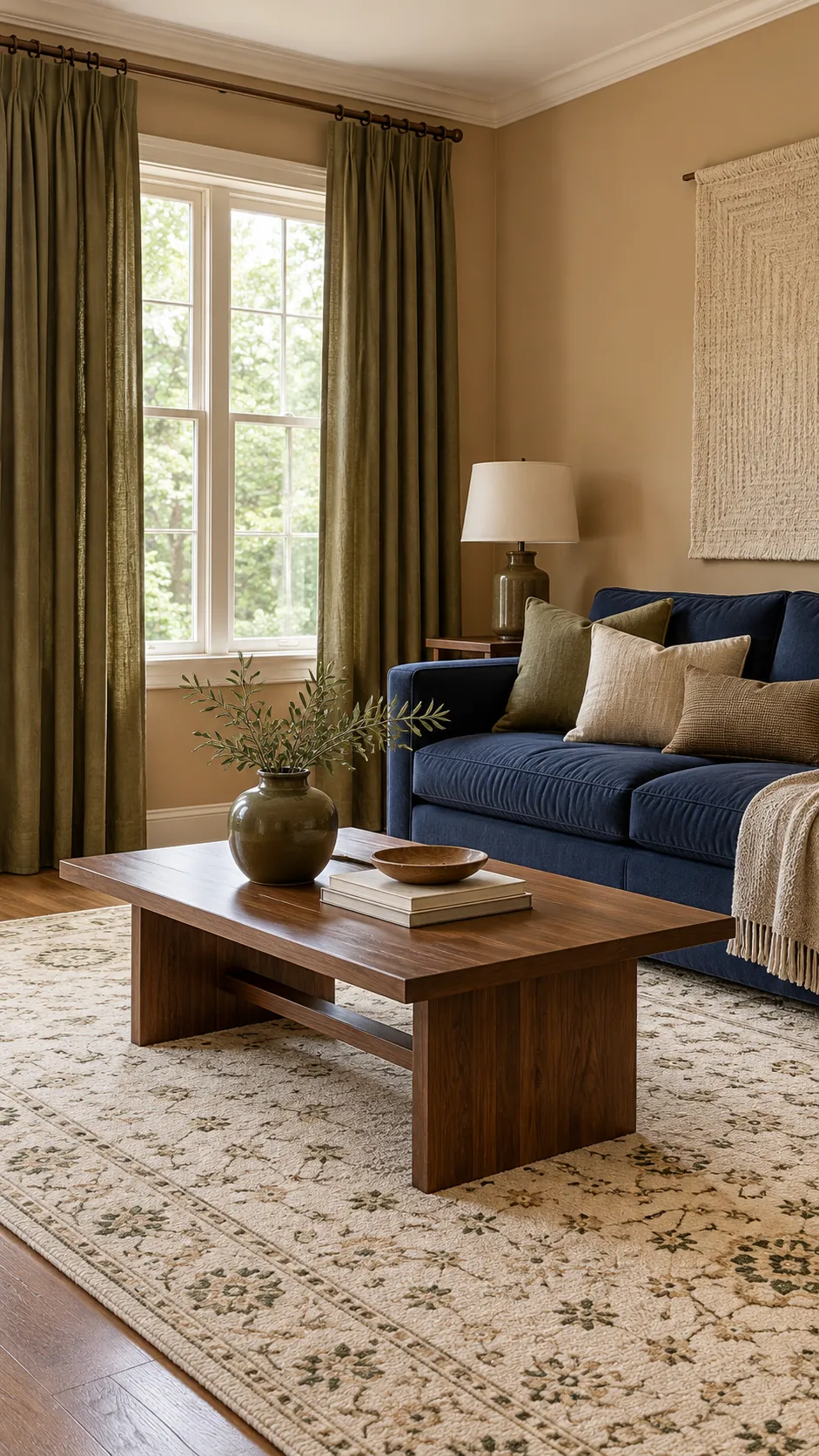 Olive curtains repeating a rug color beside navy sofa and tan walls
