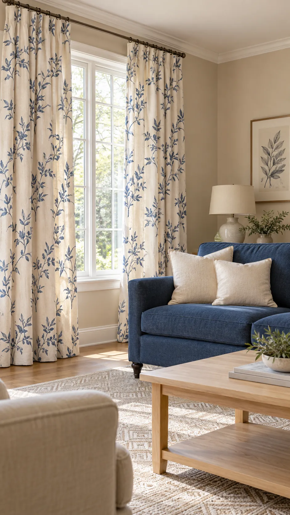 Cream and blue patterned curtains connecting beige walls and blue sofa