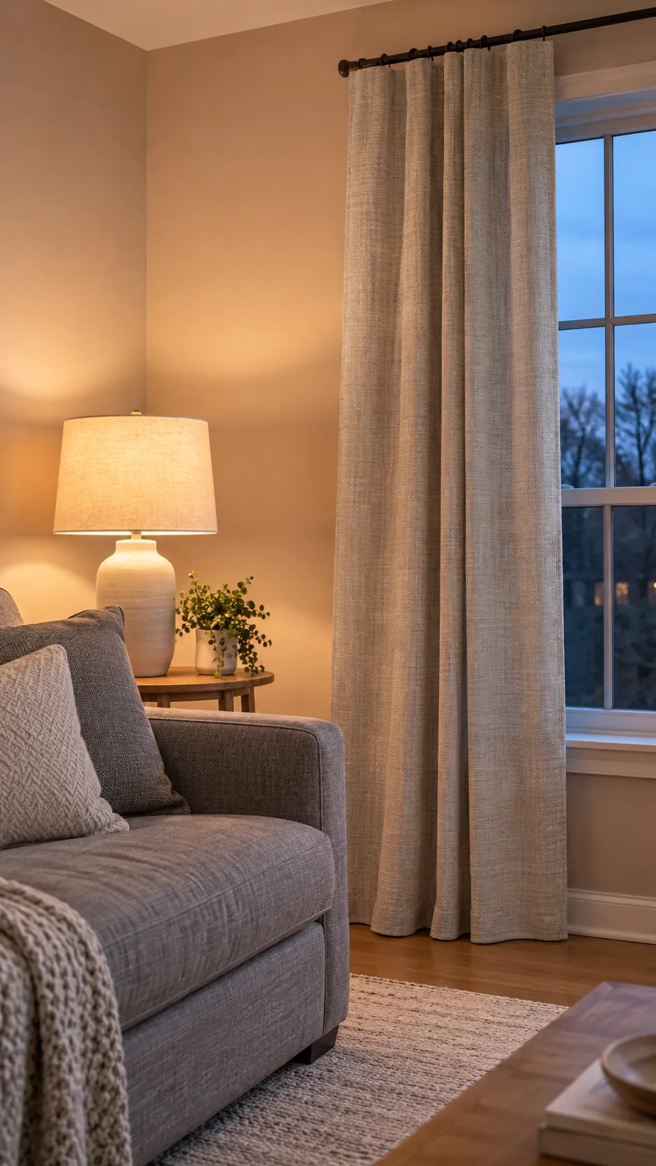 Greige curtain sample tested beside sofa and wall under evening light